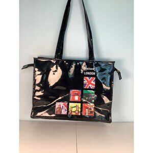 Harrods London Large Black PVC Tote Bag 15x11x4 Zip Top Shopper Purse Handbag